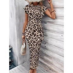 Leopard print bodycon midi dress with crew neck flutter sleeves, tan with black spots.