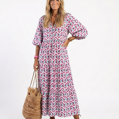Geometric print tiered midi dress with long sleeves, V-neck, lilac and teal pattern