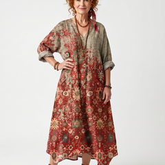 Multicolor floral patterned relaxed midi dress with V-neck, side pockets, rolled sleeves