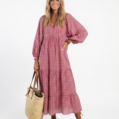 Geometric print dusty rose long-sleeve midi dress with V-neck and gathered waist