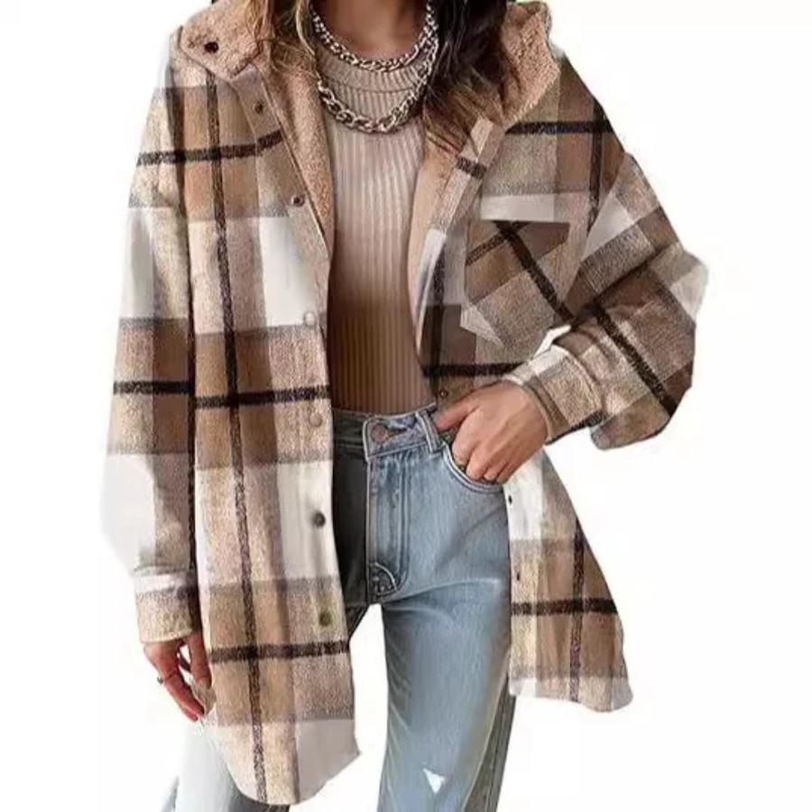 Relaxed-fit hooded plaid jacket in tan, brown, and black with button front