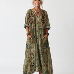 Green printed button-front midi dress, V-neck, side pockets, short rolled sleeves