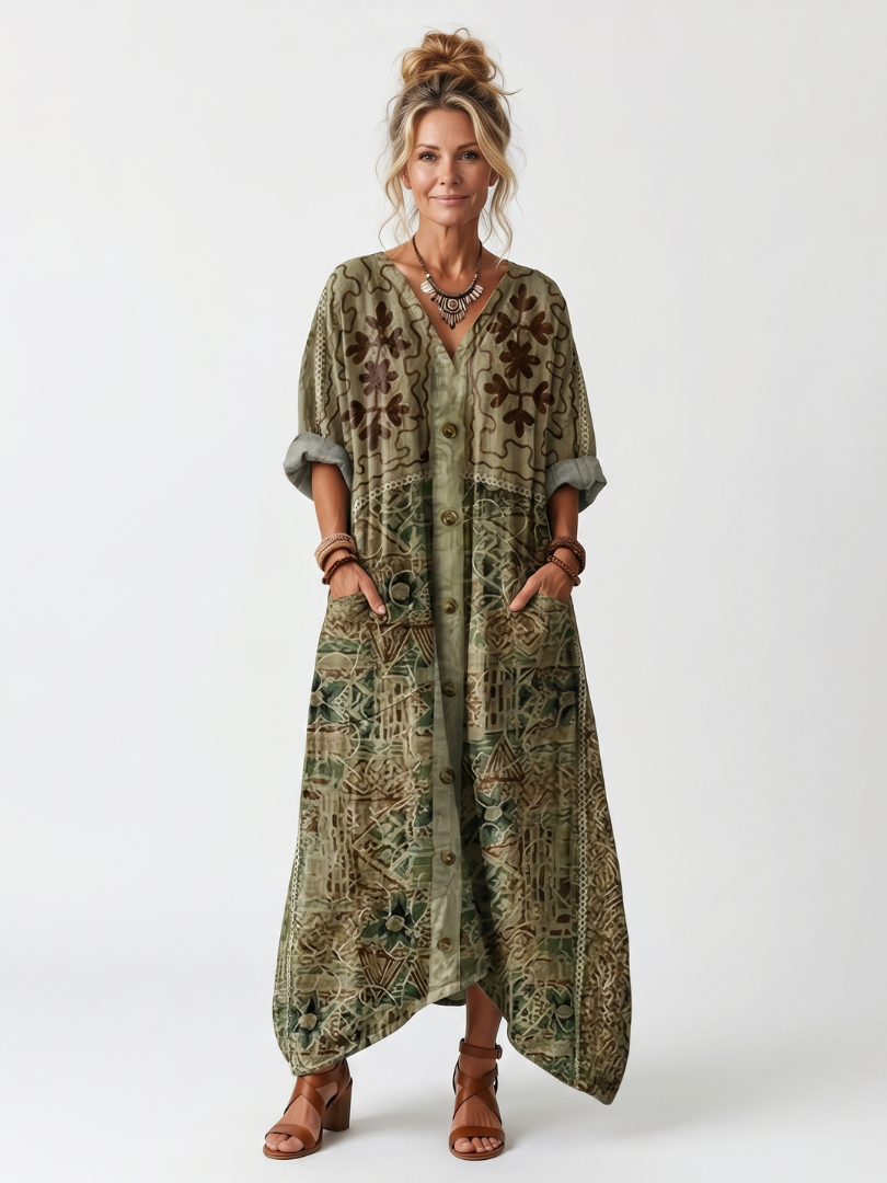 Green printed button-front midi dress, V-neck, side pockets, short rolled sleeves