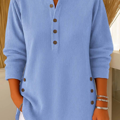 Sky blue button henley tunic with long sleeves and button-front placket