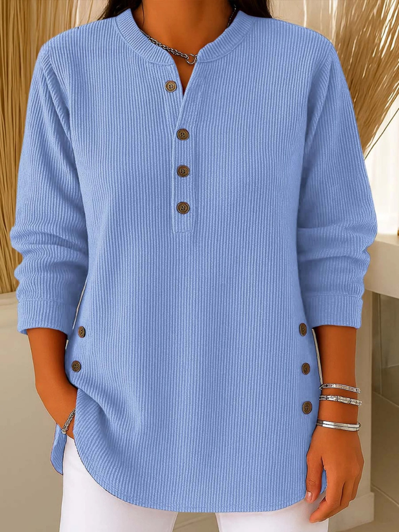 Sky blue button henley tunic with long sleeves and button-front placket