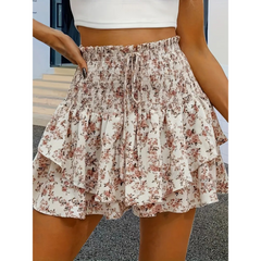 Apricot floral tiered skort with shirred elastic waistband and layered ruffle hem