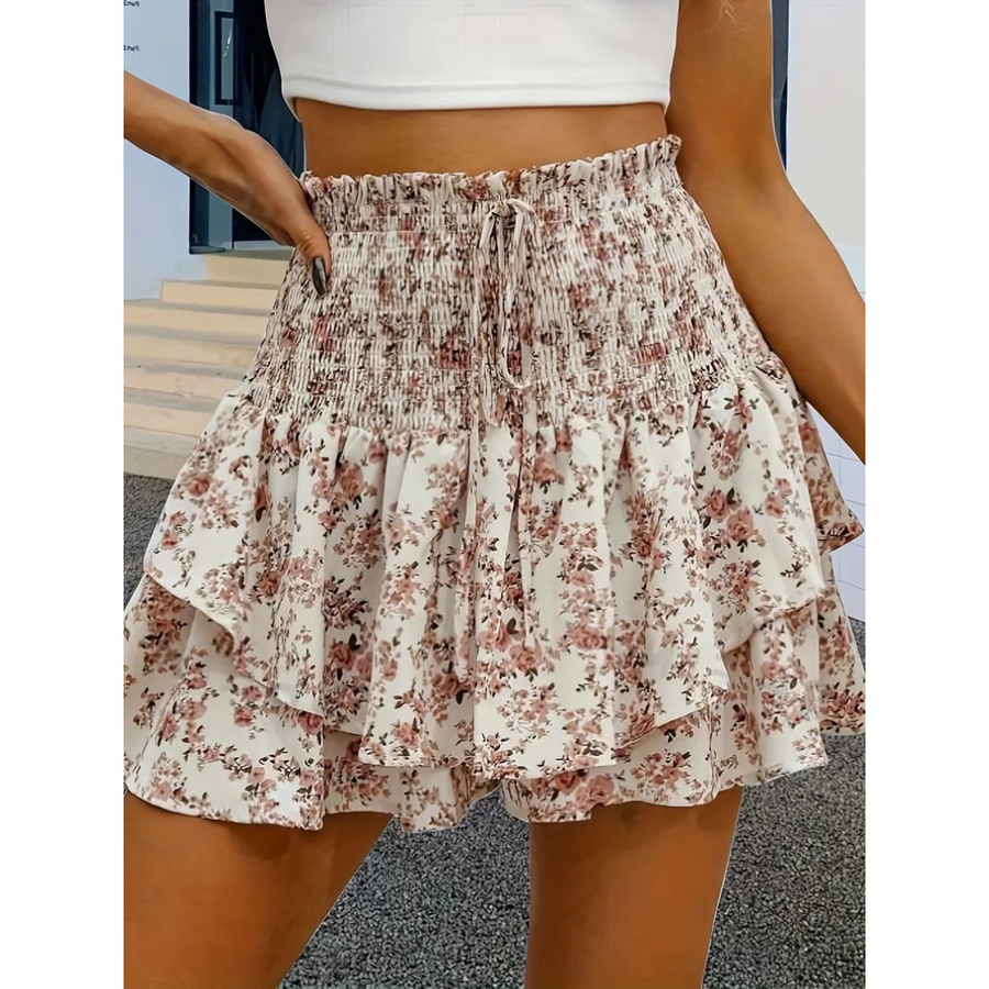 Apricot floral tiered skort with shirred elastic waistband and layered ruffle hem