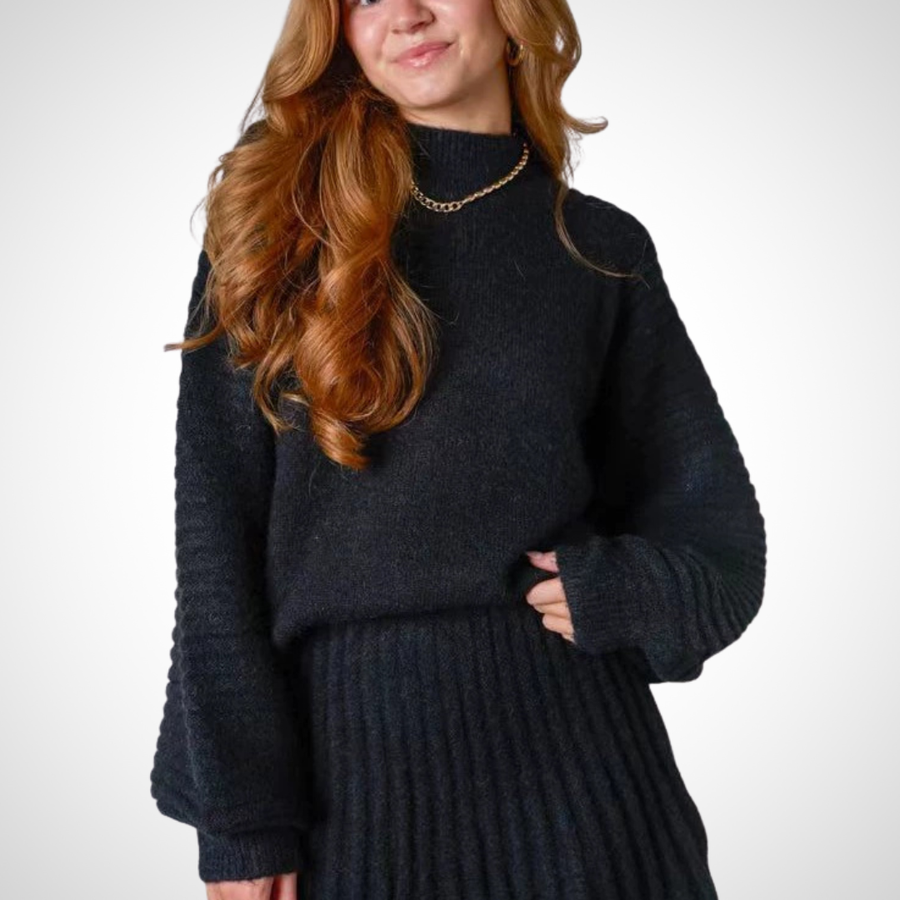 LOUISA black ribbed knit two-piece outfit with crewneck sweater and pleated mini skirt