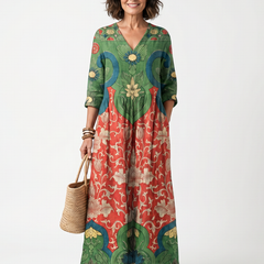 Multicolor mixed-print V-neck midi dress with side pockets, elbow sleeves