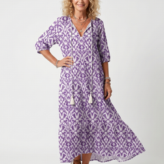 Purple printed midi dress with tie-neck, short sleeves, tiered skirt