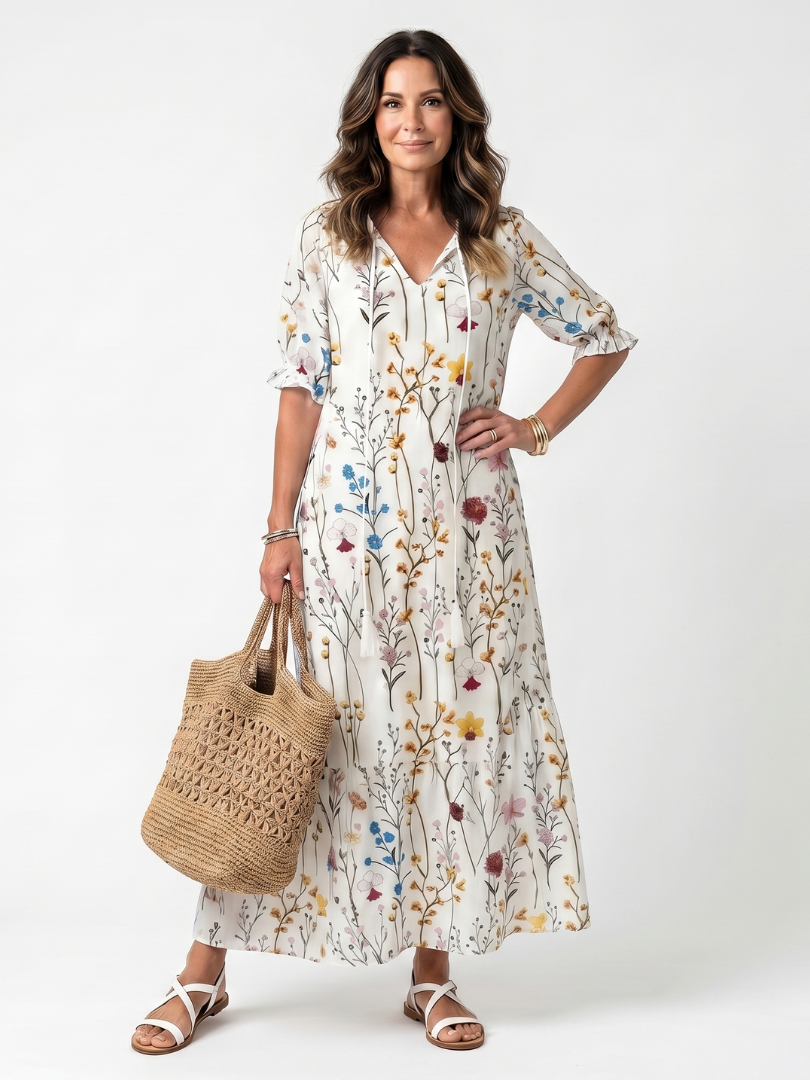 White botanical print midi dress with tie-neck and short puff sleeves, button front