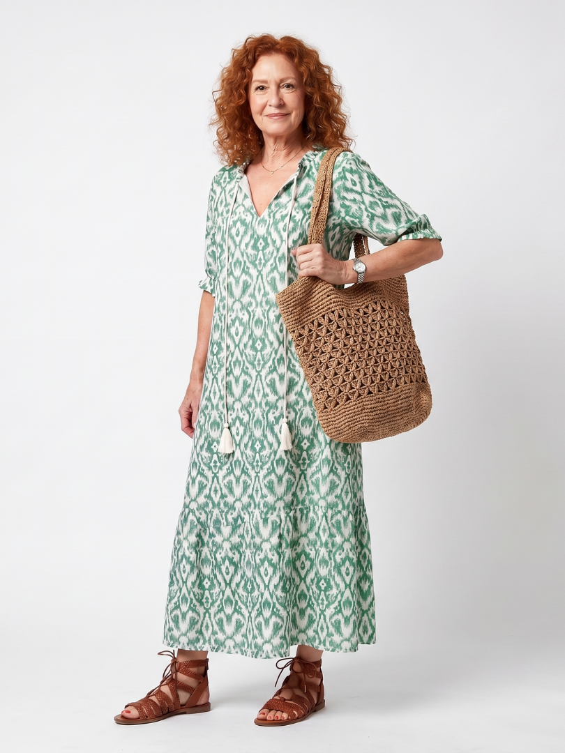 Green patterned V-neck tie midi dress with short puff sleeves