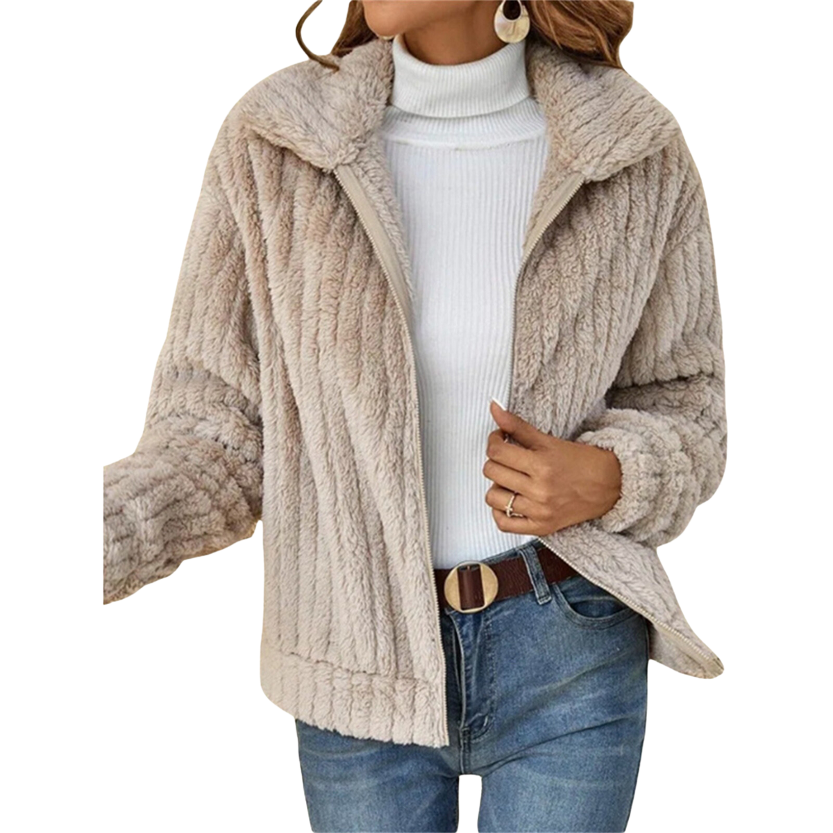 Beige zip-up teddy fleece jacket with raised collar and full front zipper.