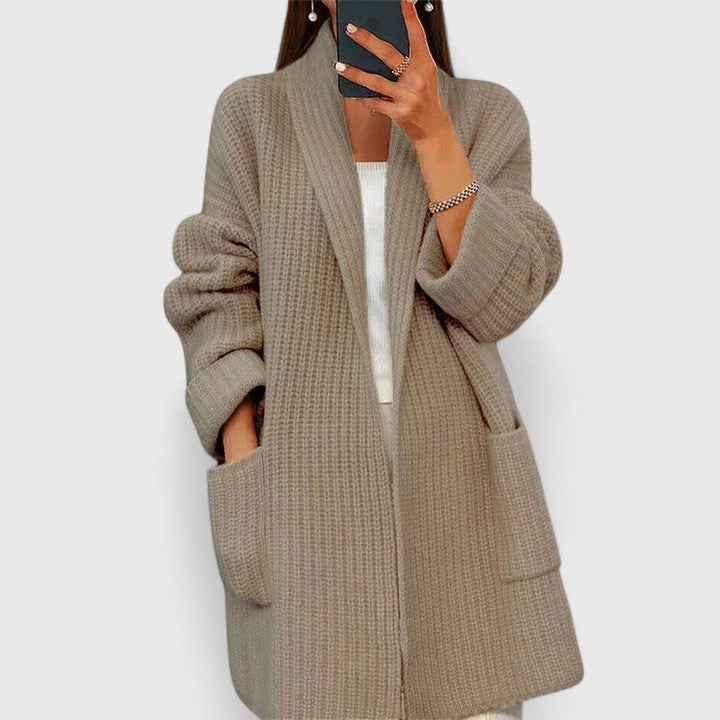 Camel chunky knit cardigan with shawl collar, open front, and patch pockets