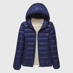 Ultra-light quilted hooded jacket with full-zip front, navy blue shade