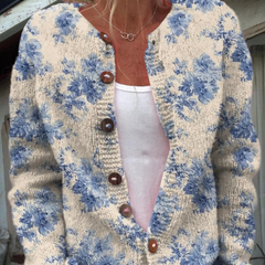 Vintage knit cardigan, cream with blue floral print, button-front, long sleeves
