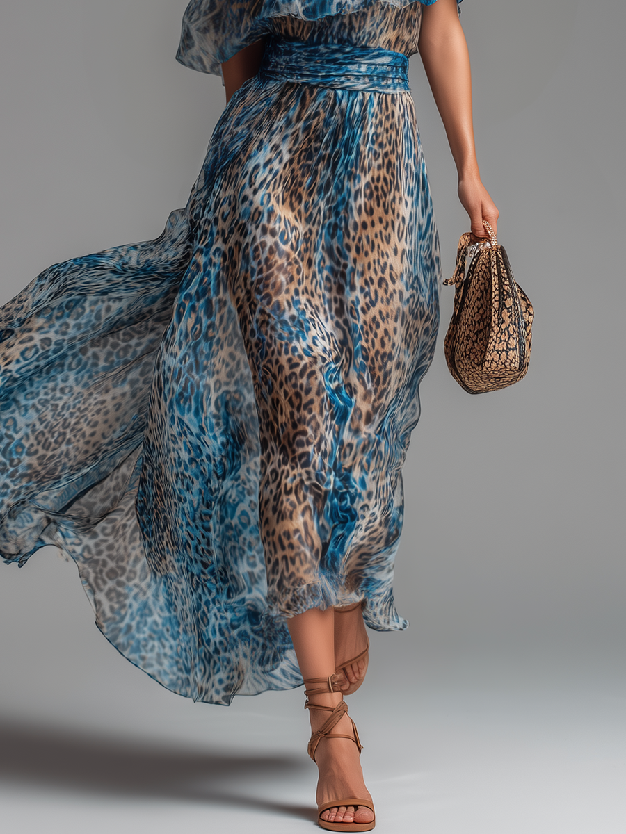 Blue leopard-print chiffon maxi skirt with ruched waist and flutter sleeves
