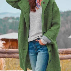 Green hooded long coat with button front and cozy textured fabric