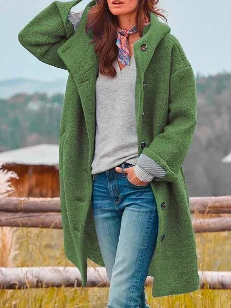 Green hooded long coat with button front and cozy textured fabric