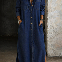 Dark blue denim button-through maxi dress with collar, chest pockets, and front buttons
