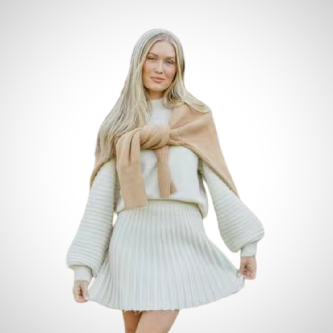 LOUISA beige ribbed knit two-piece with tie-front sweater and pleated mini skirt