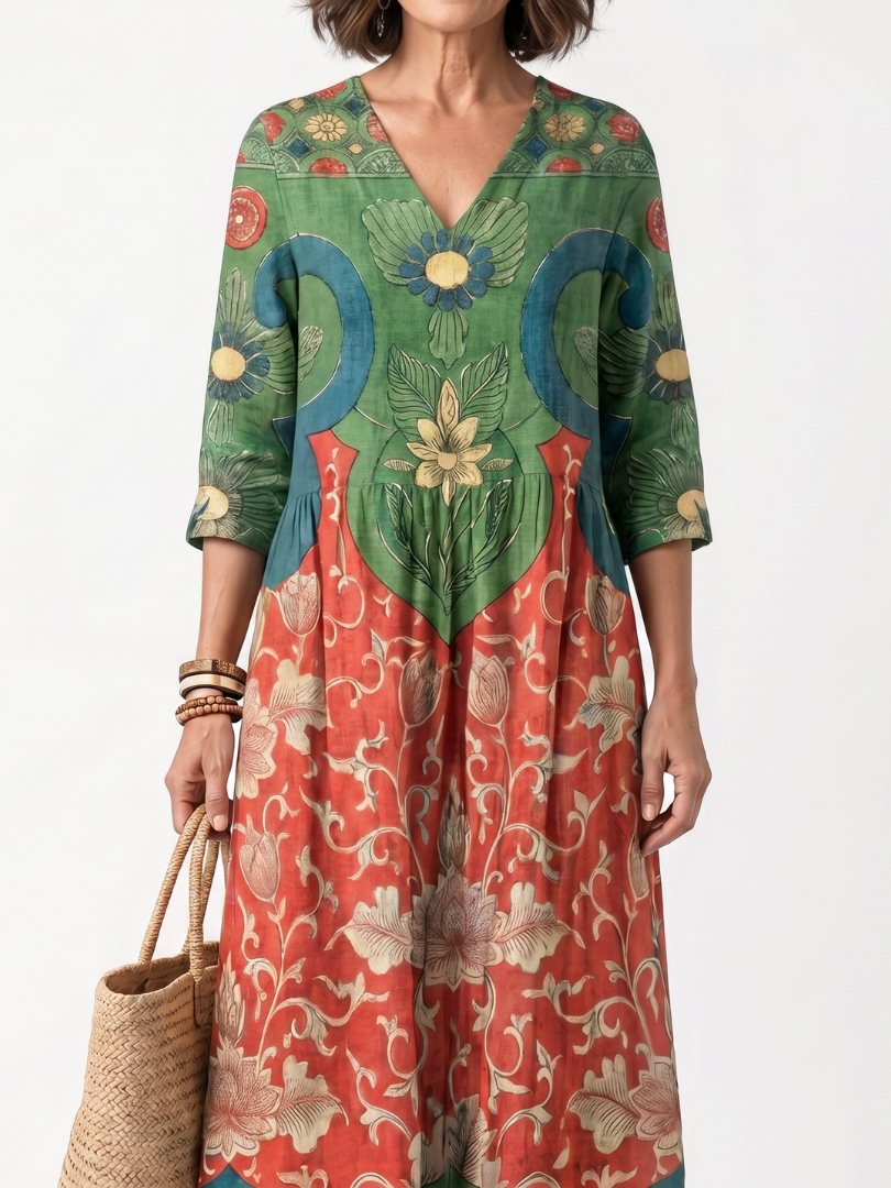 Multicolor V-neck midi dress with green and red leaf pattern, elbow sleeves