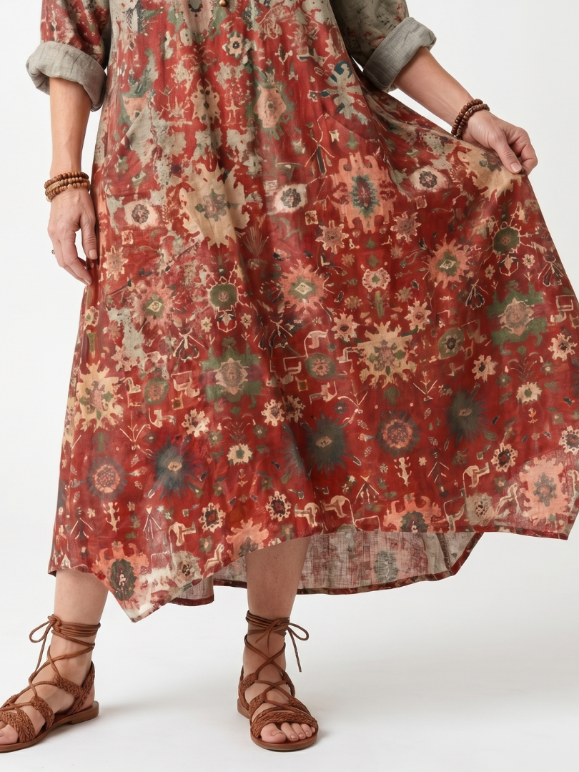 Multicolor floral relaxed midi dress fabric detail with airy swaying skirt and rolled cuffs