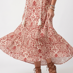 Red paisley midi dress with flared hem and 3/4 sleeve cuff