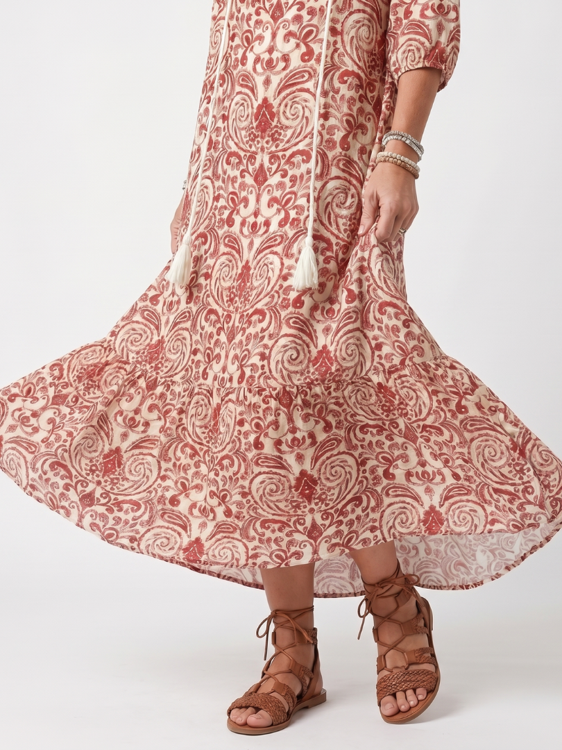 Red paisley midi dress with flared hem and 3/4 sleeve cuff