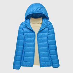 Ultra-light quilted hooded jacket with full-zip front, bright blue shade