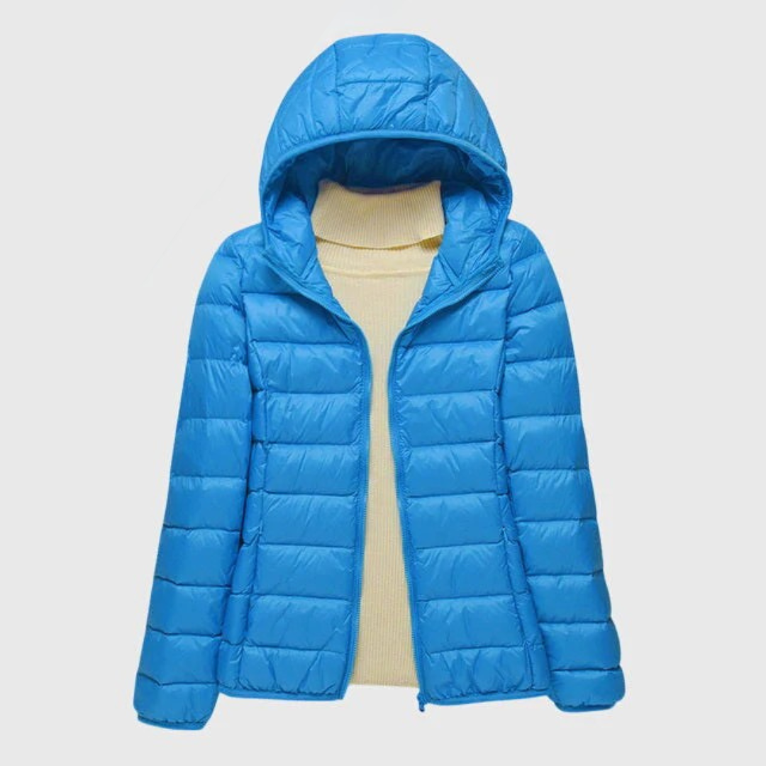 Ultra-light quilted hooded jacket with full-zip front, bright blue shade