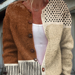 Two-tone vintage knit cardigan sweater with button front, speckled knit panel, striped hem