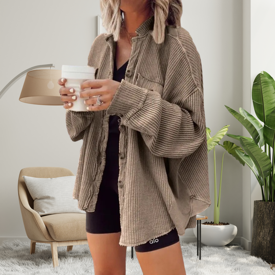 Cozy loose-fit batwing button-down jacket in light khaki, textured knit, front buttons