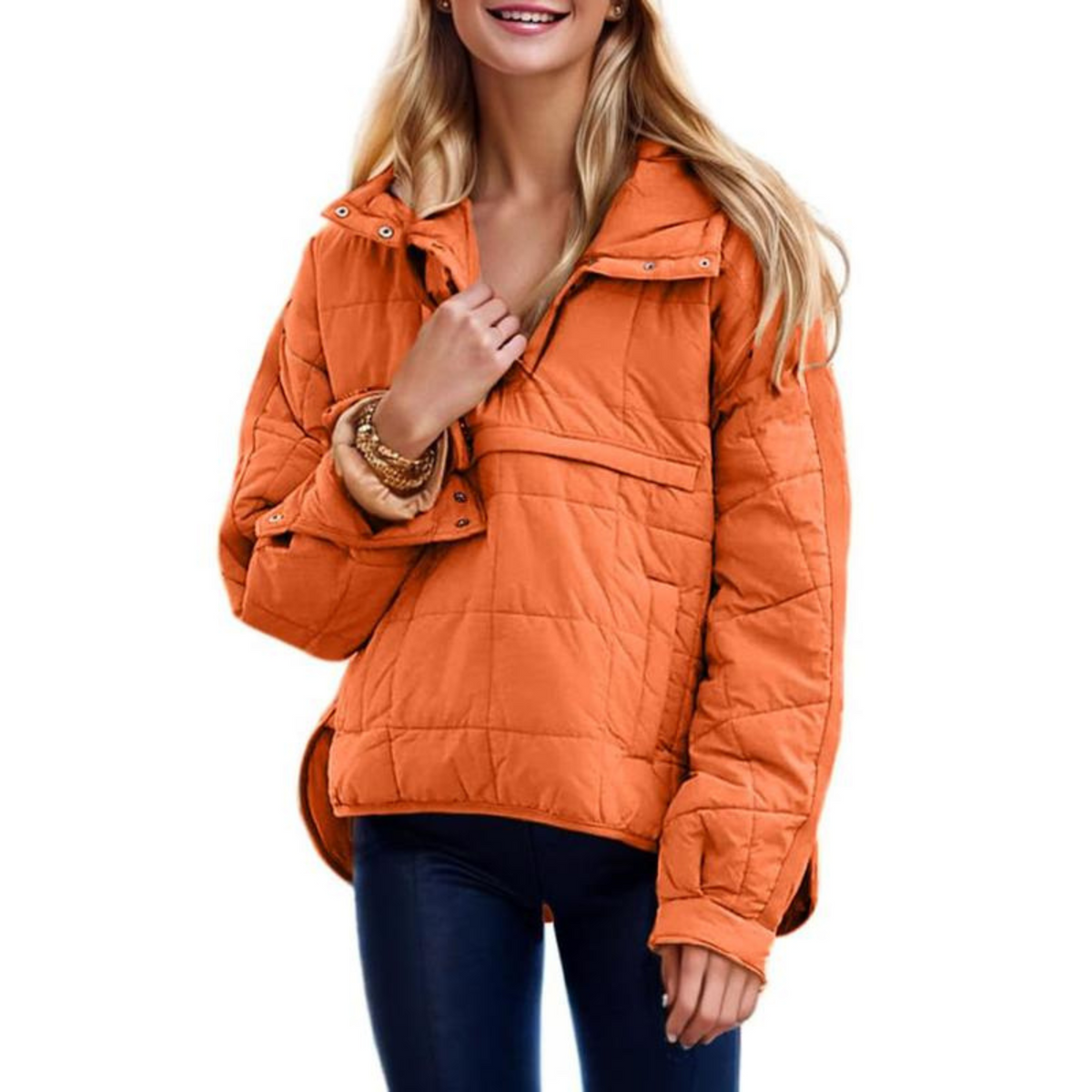 Orange oversized hooded pullover jacket with button placket and chest pocket