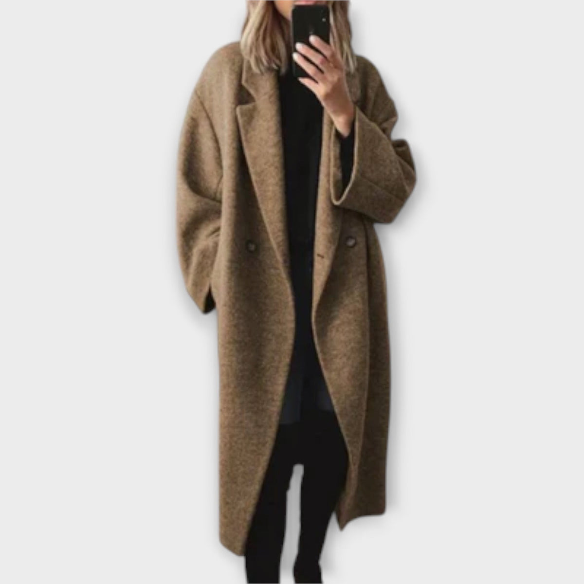 DAISY timeless elegant coat, brown long wool with notch lapel and button front