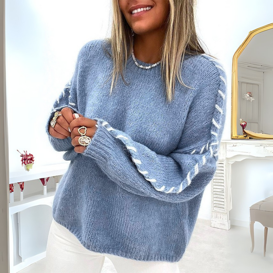 Cozy long-sleeve round-neck sweater, soft blue knit with white stripe sleeve accents