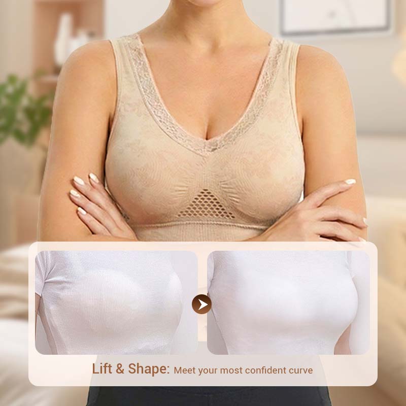 Nude seamless lace support bra with molded cups and lace-trim edges