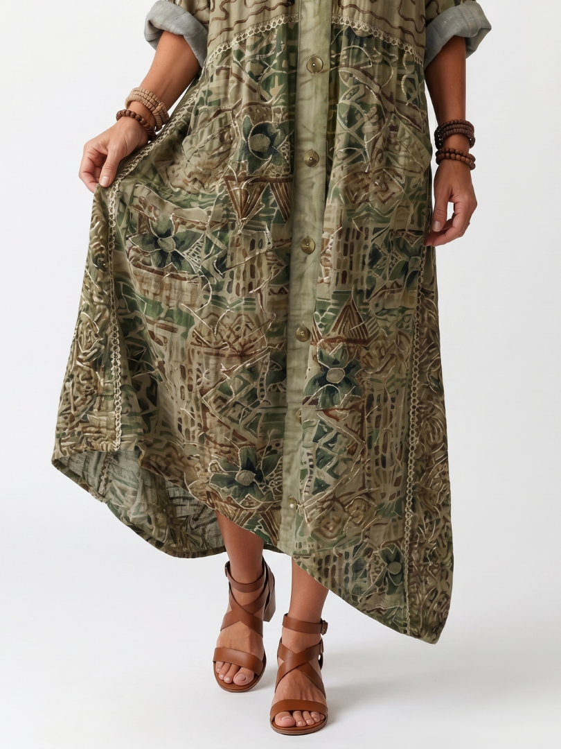 Green embroidered button-front midi dress close-up with round buttons and chest detailing