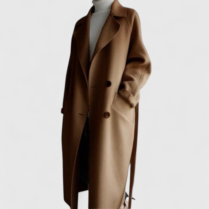 Elegant brown double-breasted coat with notch lapels and long sleeves