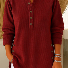 Burgundy button henley tunic with long sleeves and button-front placket