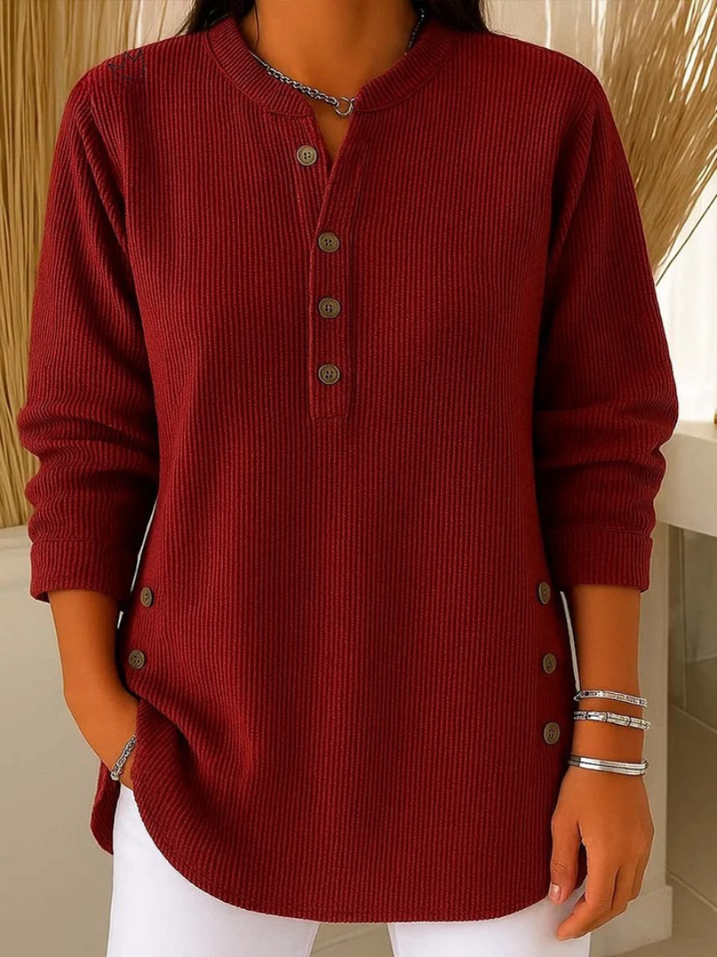 Burgundy button henley tunic with long sleeves and button-front placket