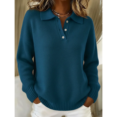 Cozy comfort jumper in teal blue knit, button-front henley with ribbed hem