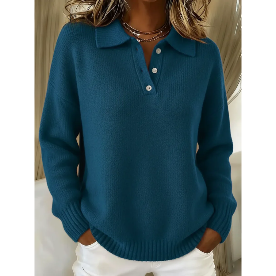 Cozy comfort jumper in teal blue knit, button-front henley with ribbed hem