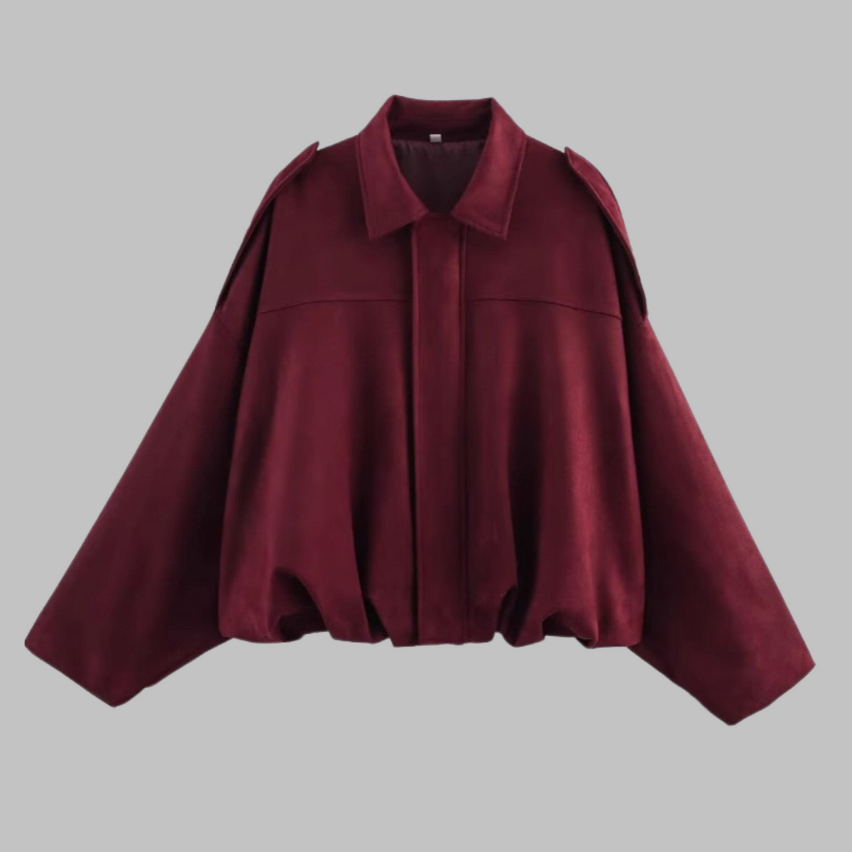 Loose military jacket in burgundy red with turn-down collar and zip front