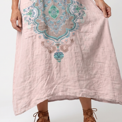 Pink midi dress front panel with turquoise embroidered medallion and side pocket