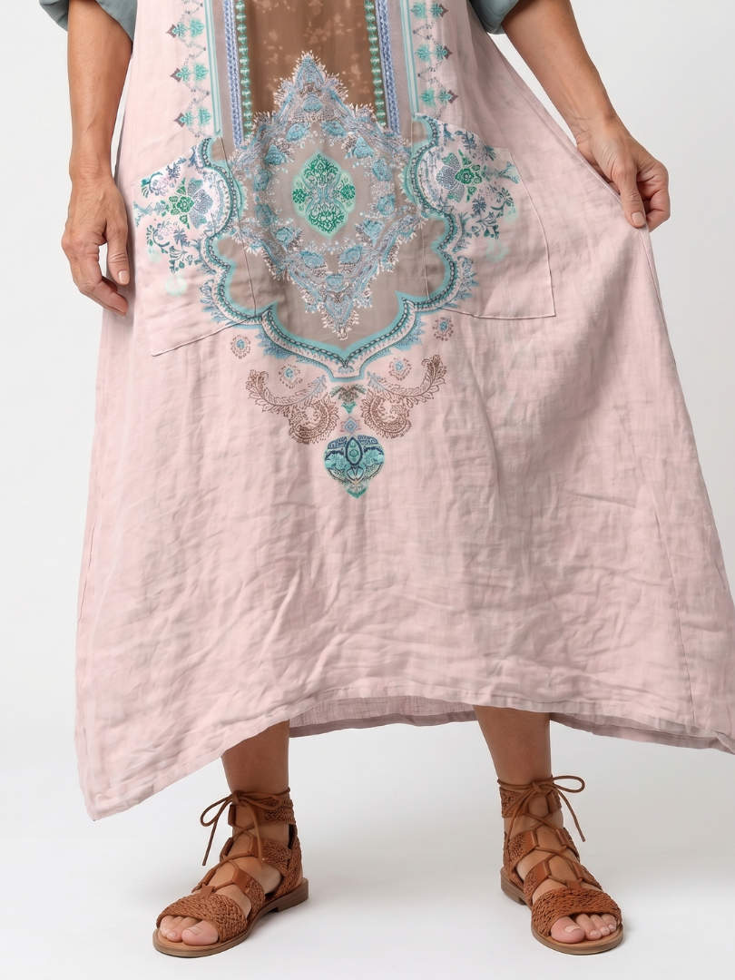 Pink midi dress front panel with turquoise embroidered medallion and side pocket
