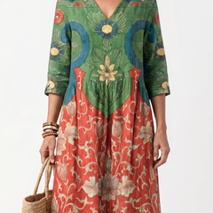Green and red botanical print V-neck midi dress with 3/4 sleeves