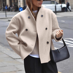 Oat beige long-sleeve stand-collar coat with double-breasted button front