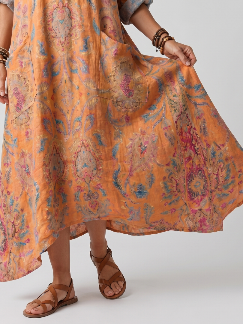 Orange printed midi dress close-up with draped hem and cuffed sleeve