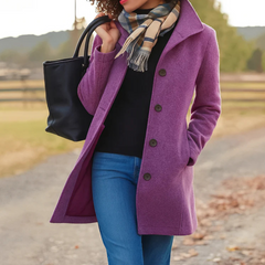 Purple single-breasted coat with notched lapel and dark button front